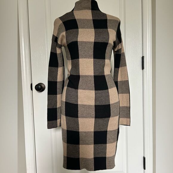 Cynthia Rowley Women’s Buffalo Check Sweater Dress Tan Black Size Extra Small - Picture 1 of 10